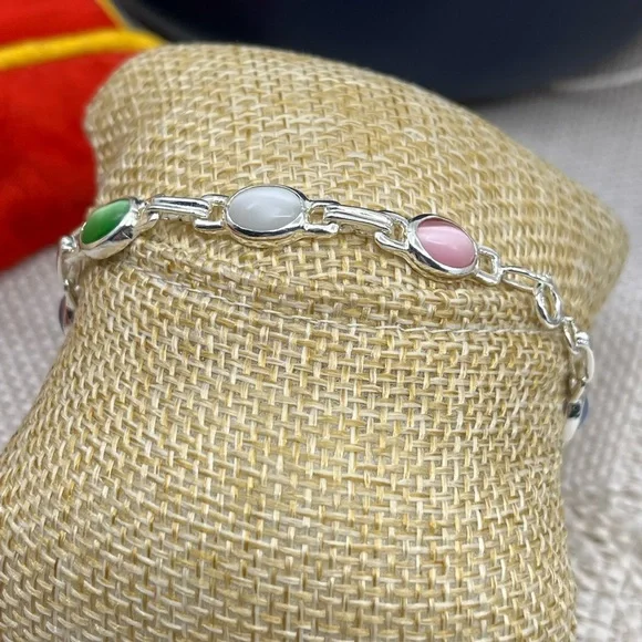 Stunning Vintage Sterling Silver Chainlink Bracelet with Multicolored Cabochons - Picture 9 of 16